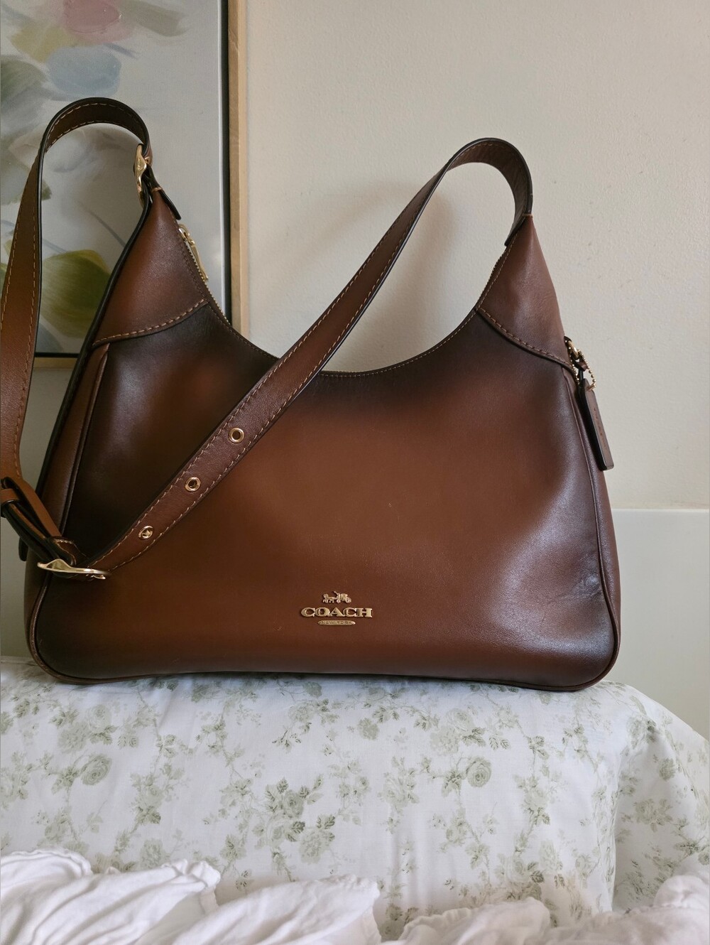 Pre-loved Coacu Ella Shoulder Crossbody Leather Bag In Redwood & Gold Trim